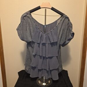 Womens Denim / Grey Ruffled Blouse Medium